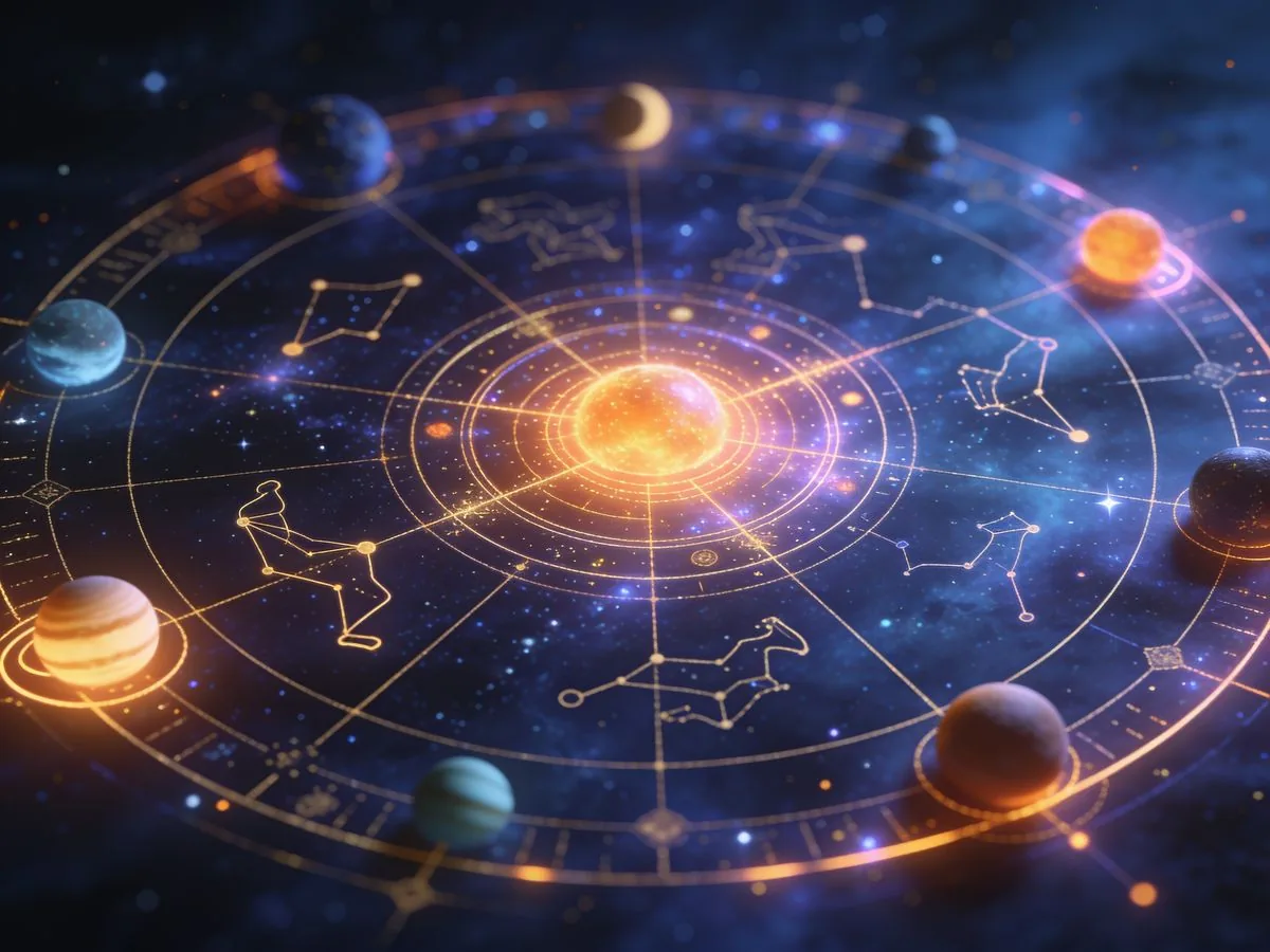 Intricate cosmic birth chart illustration featuring planets, constellations, and golden lines on deep indigo background