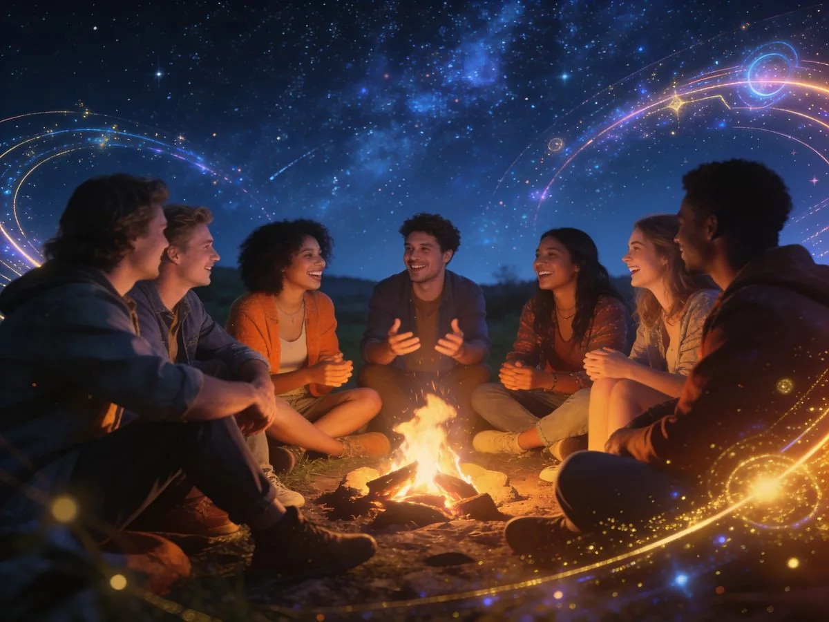 Diverse group of friends gathered in a cozy circle under a starry night sky, sharing stories and laughter around a small fire